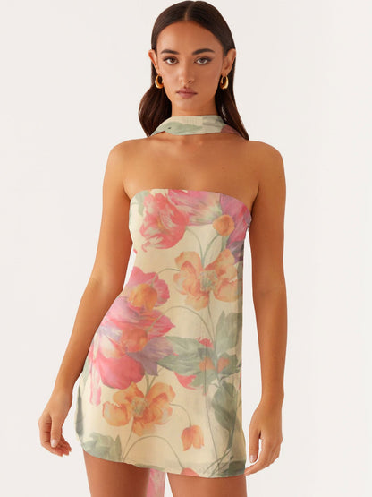 Floral Chiffon A-Line Mini Dress with Choker Neck Tie