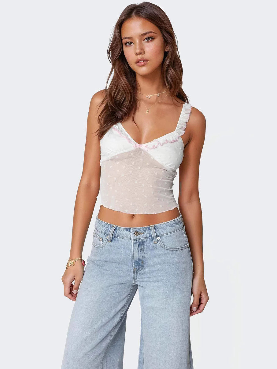 Cropped Heart Mesh Camisole with Lace Trim and Bow Detail