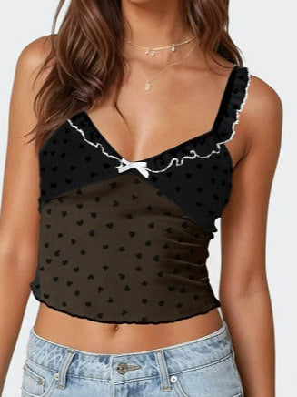 Cropped Heart Mesh Camisole with Lace Trim and Bow Detail