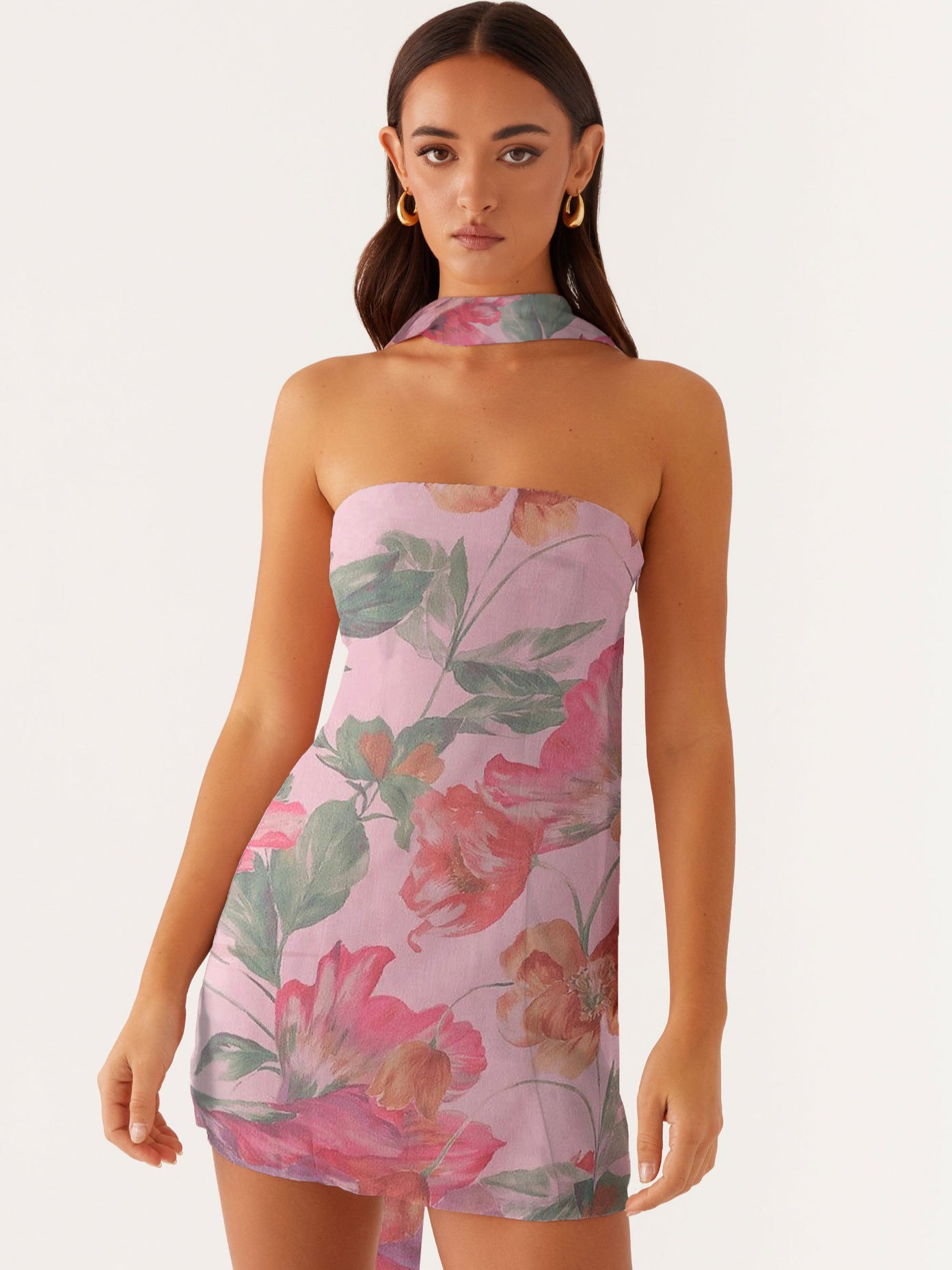 Floral Chiffon A-Line Mini Dress with Choker Neck Tie