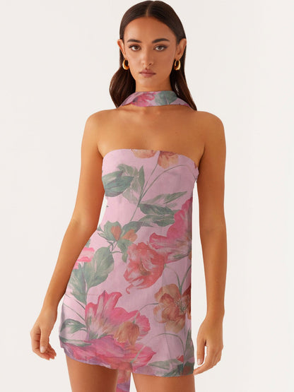 Floral Chiffon A-Line Mini Dress with Choker Neck Tie