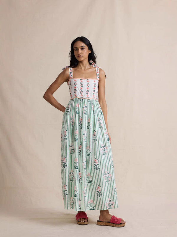 Floral Striped Maxi Dress with Tie Straps and Lace-Up Back