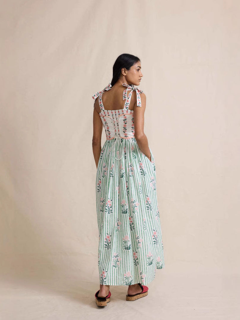 Floral Striped Maxi Dress with Tie Straps and Lace-Up Back