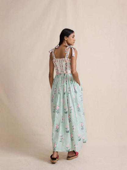 Floral Striped Maxi Dress with Tie Straps and Lace-Up Back