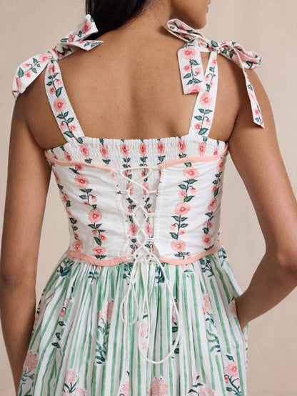 Floral Striped Maxi Dress with Tie Straps and Lace-Up Back