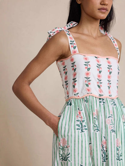 Floral Striped Maxi Dress with Tie Straps and Lace-Up Back