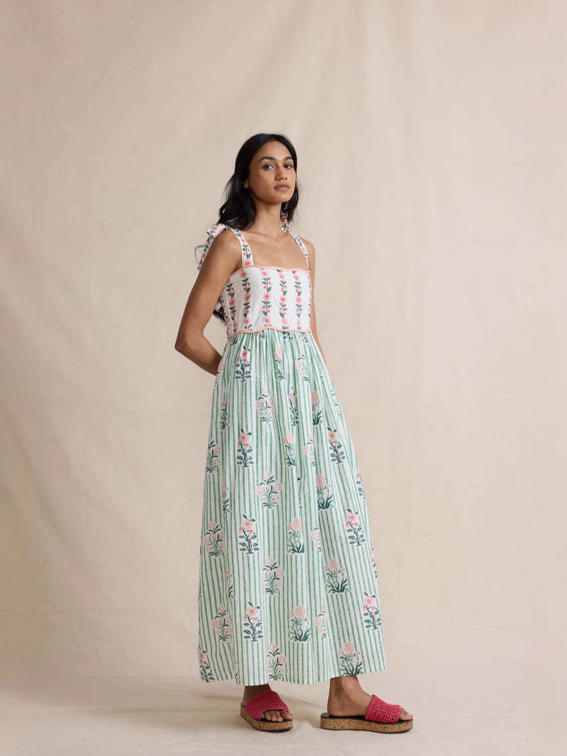Floral Striped Maxi Dress with Tie Straps and Lace-Up Back