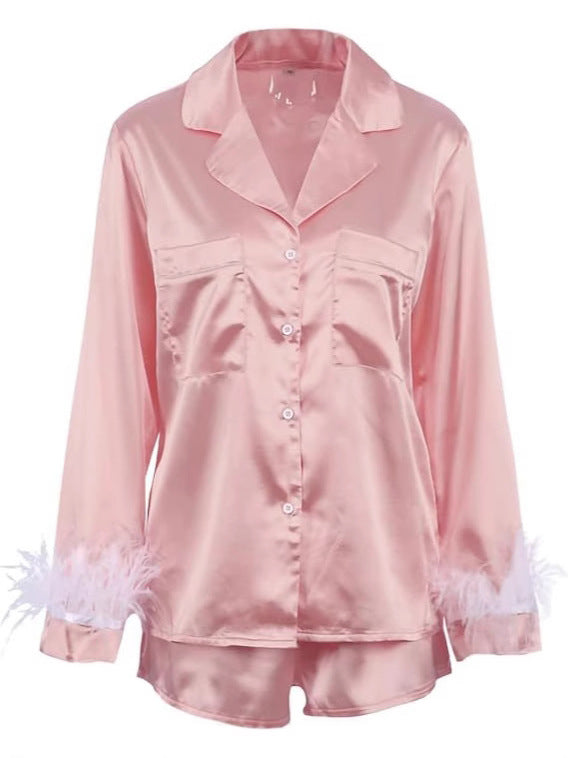 Solid Satin Pajama Set with Feather Trim Cuffs