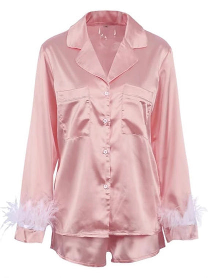Solid Satin Pajama Set with Feather Trim Cuffs