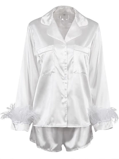 Solid Satin Pajama Set with Feather Trim Cuffs