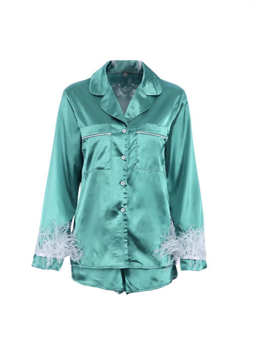 Solid Satin Pajama Set with Feather Trim Cuffs