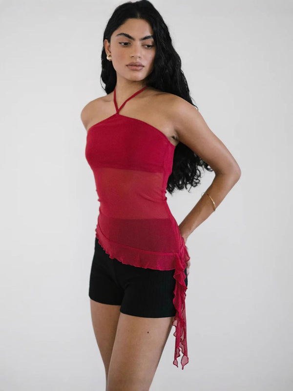 Asymmetrical Halter Crop Top with Mesh Panel and Ruffle Trim