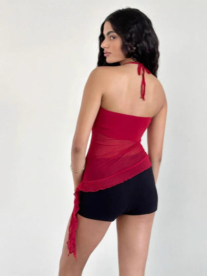 Asymmetrical Halter Crop Top with Mesh Panel and Ruffle Trim