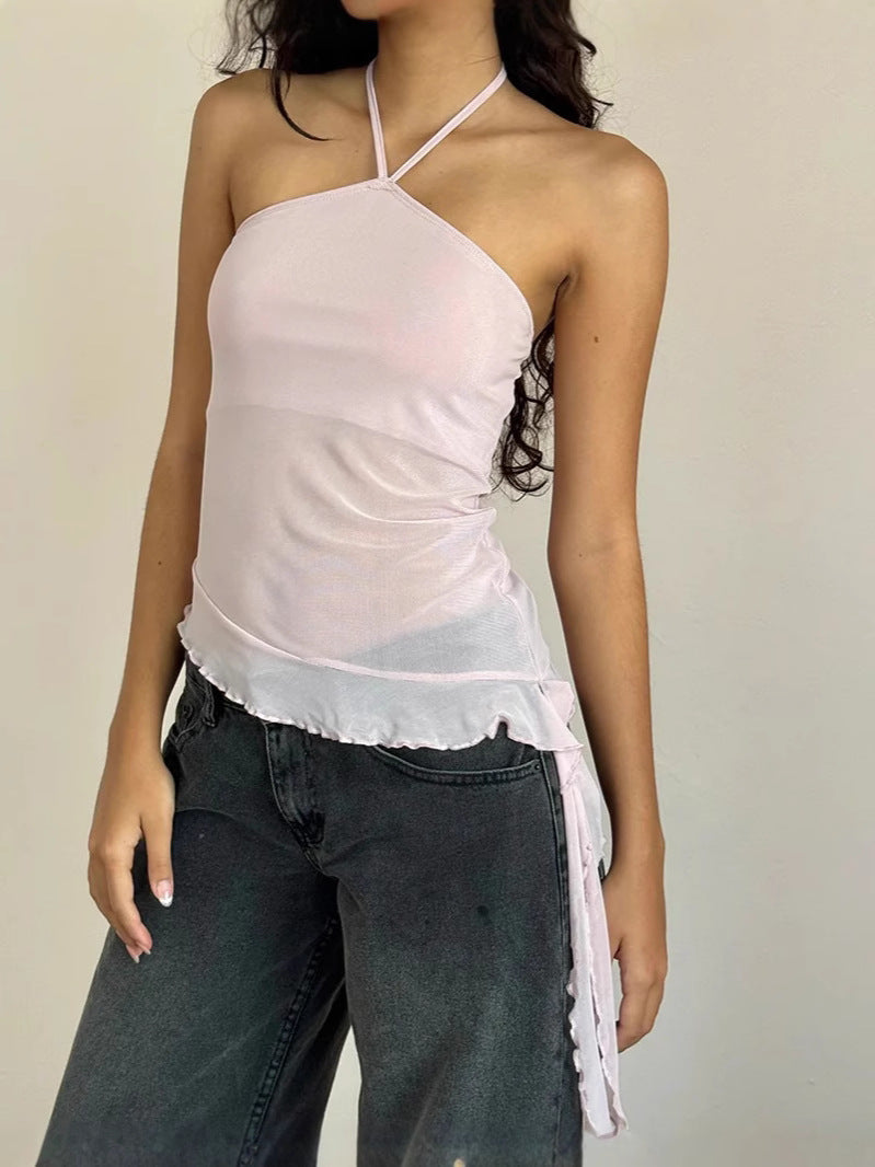 Asymmetrical Halter Crop Top with Mesh Panel and Ruffle Trim