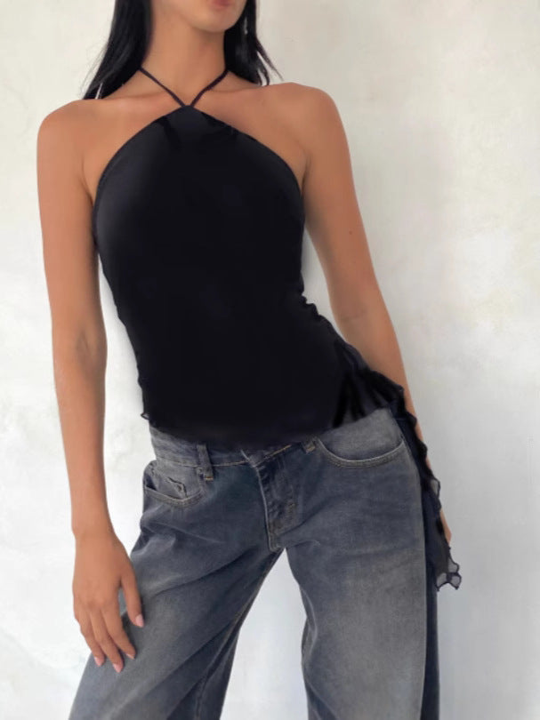 Asymmetrical Halter Crop Top with Mesh Panel and Ruffle Trim