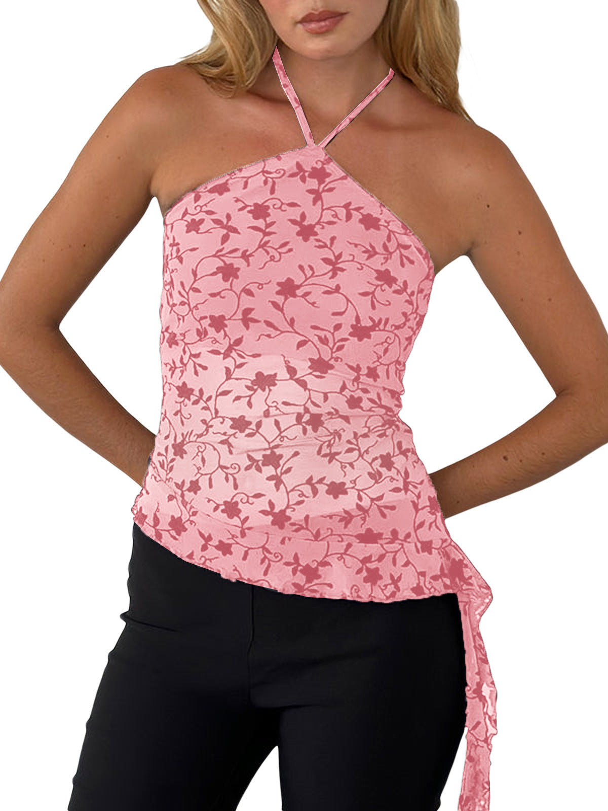 Asymmetrical Halter Crop Top with Mesh Panel and Ruffle Trim