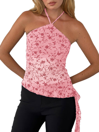 Asymmetrical Halter Crop Top with Mesh Panel and Ruffle Trim