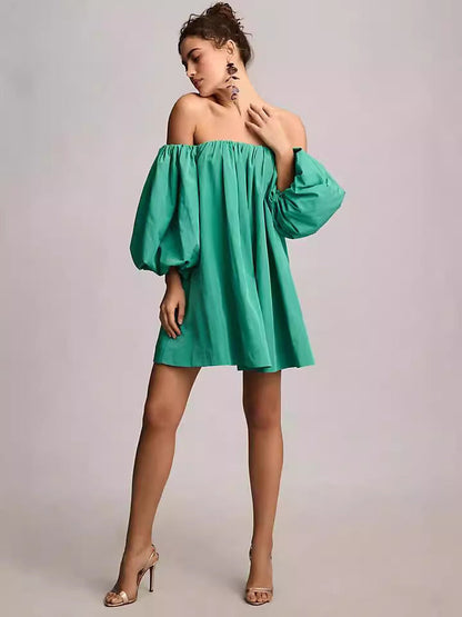 Loose Off-the-Shoulder Mini Dress with Puff Sleeves