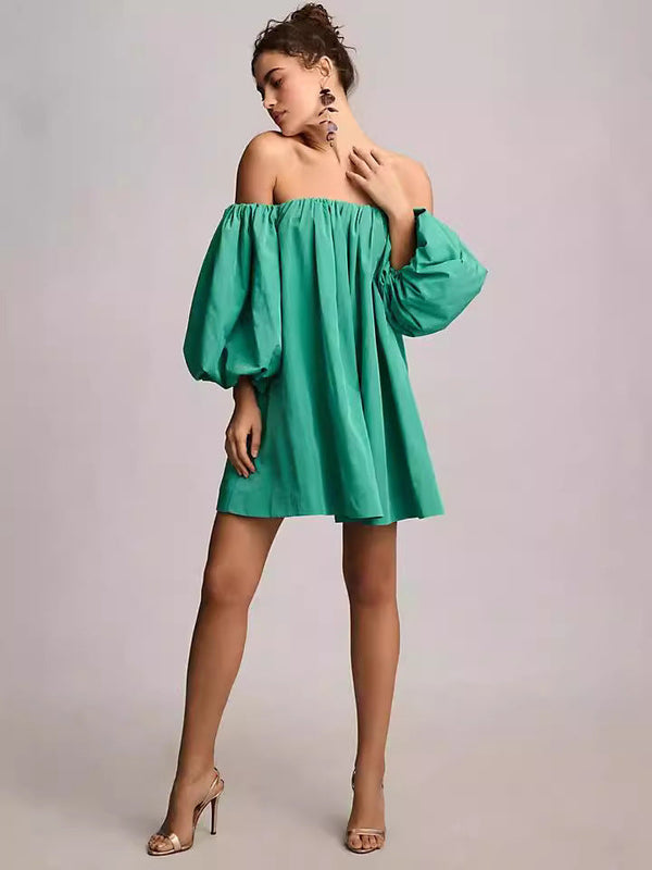 Loose Off-the-Shoulder Mini Dress with Puff Sleeves