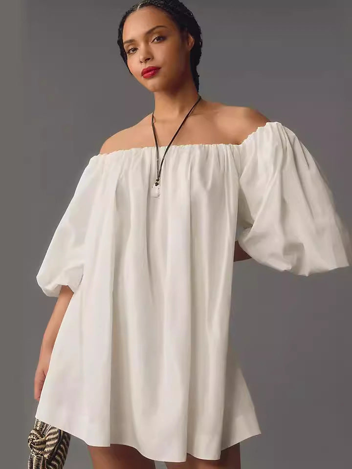 Loose Off-the-Shoulder Mini Dress with Puff Sleeves