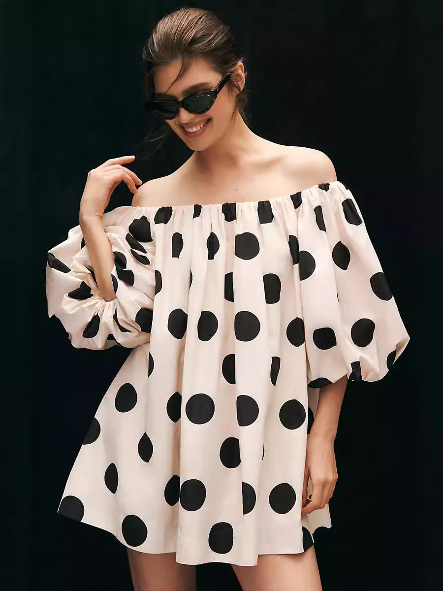 Loose Off-the-Shoulder Mini Dress with Puff Sleeves