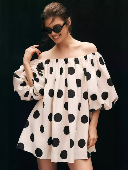 Loose Off-the-Shoulder Mini Dress with Puff Sleeves