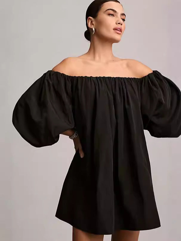 Loose Off-the-Shoulder Mini Dress with Puff Sleeves