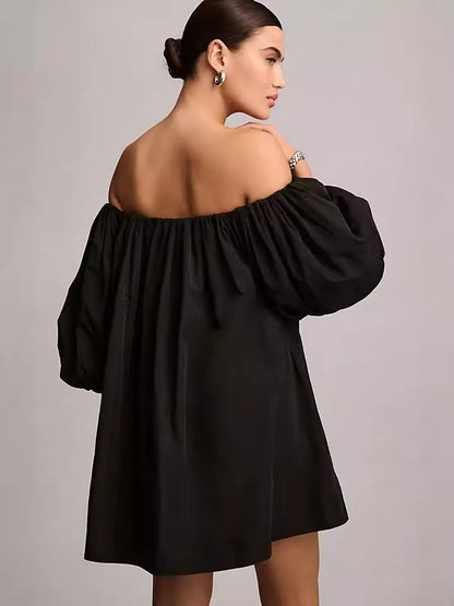 Loose Off-the-Shoulder Mini Dress with Puff Sleeves