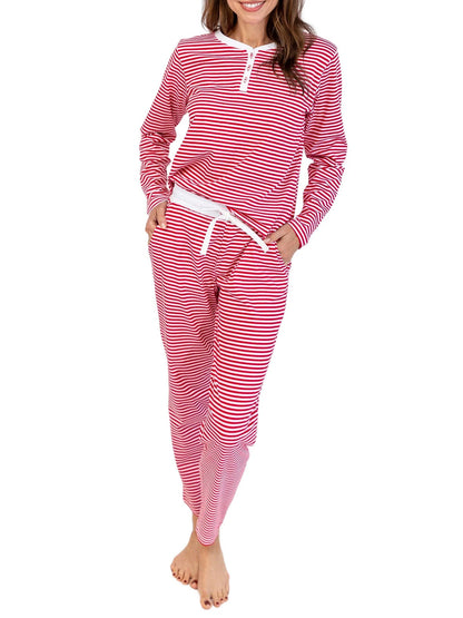 Striped Slim Fit Two-Piece Set with Henley Neck and Drawstring