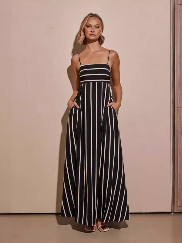 Striped A-Line Maxi Dress with Pockets and Spaghetti Straps