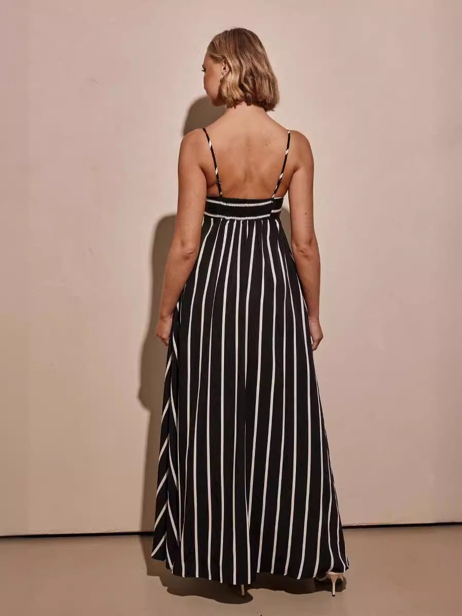 Striped A-Line Maxi Dress with Pockets and Spaghetti Straps