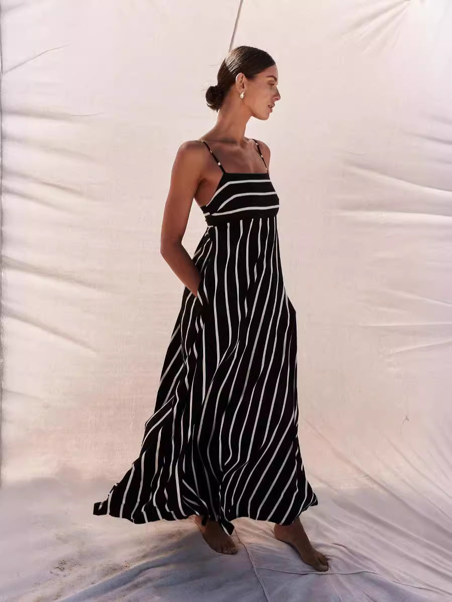 Striped A-Line Maxi Dress with Pockets and Spaghetti Straps