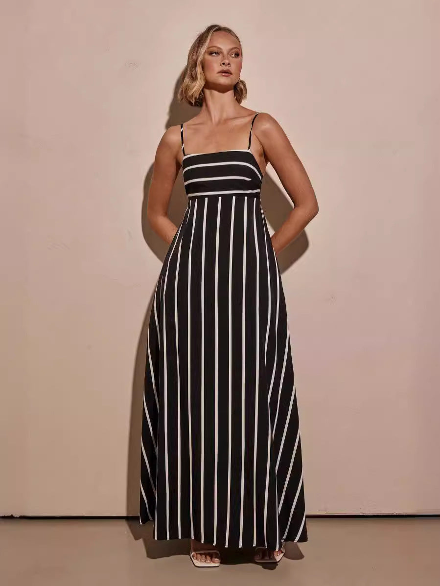 Striped A-Line Maxi Dress with Pockets and Spaghetti Straps