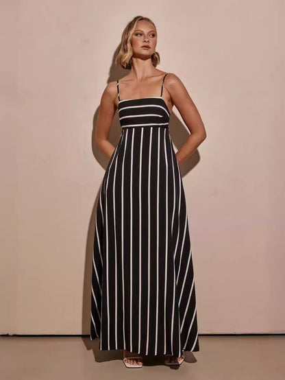 Striped A-Line Maxi Dress with Pockets and Spaghetti Straps