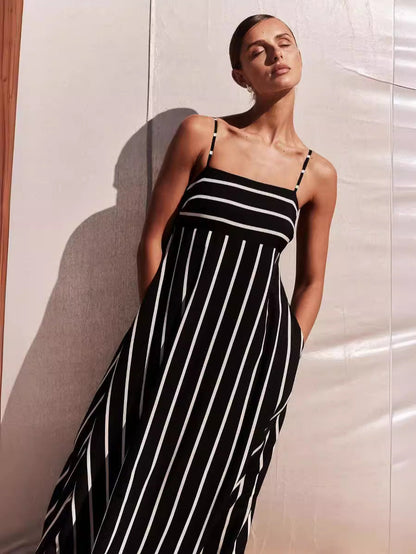 Striped A-Line Maxi Dress with Pockets and Spaghetti Straps