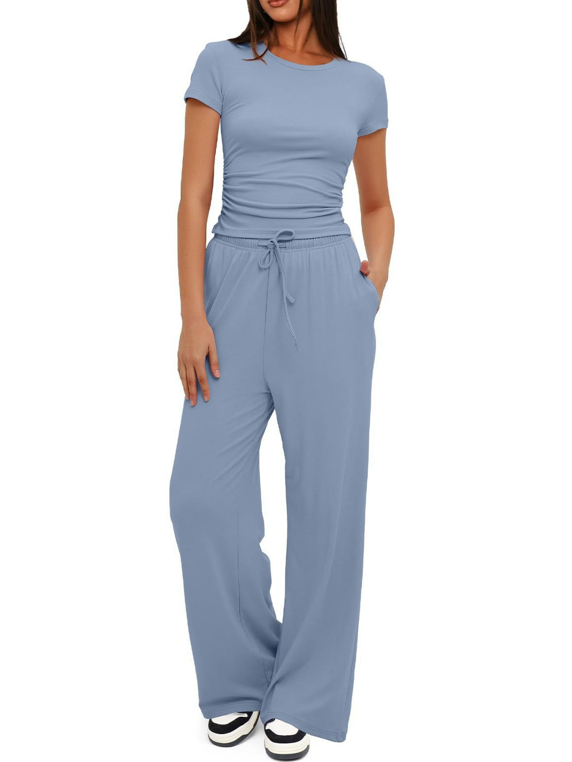 Solid Modal Two-Piece Set with Ruched Top and Wide-Leg Pants