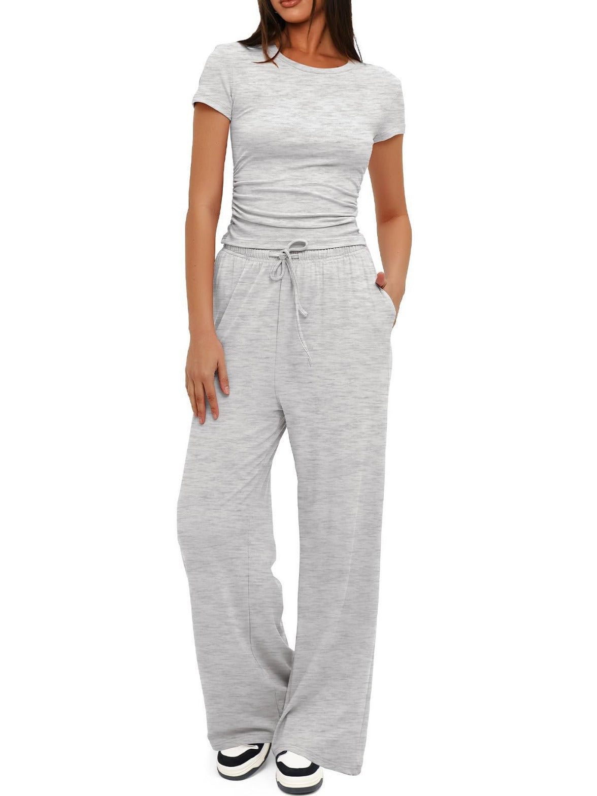 Solid Modal Two-Piece Set with Ruched Top and Wide-Leg Pants