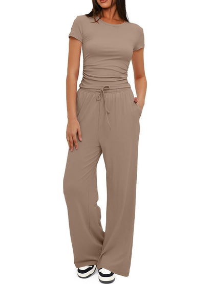 Solid Modal Two-Piece Set with Ruched Top and Wide-Leg Pants