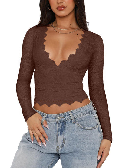 Long Sleeve Lace Crop Top with Scalloped V-Neck