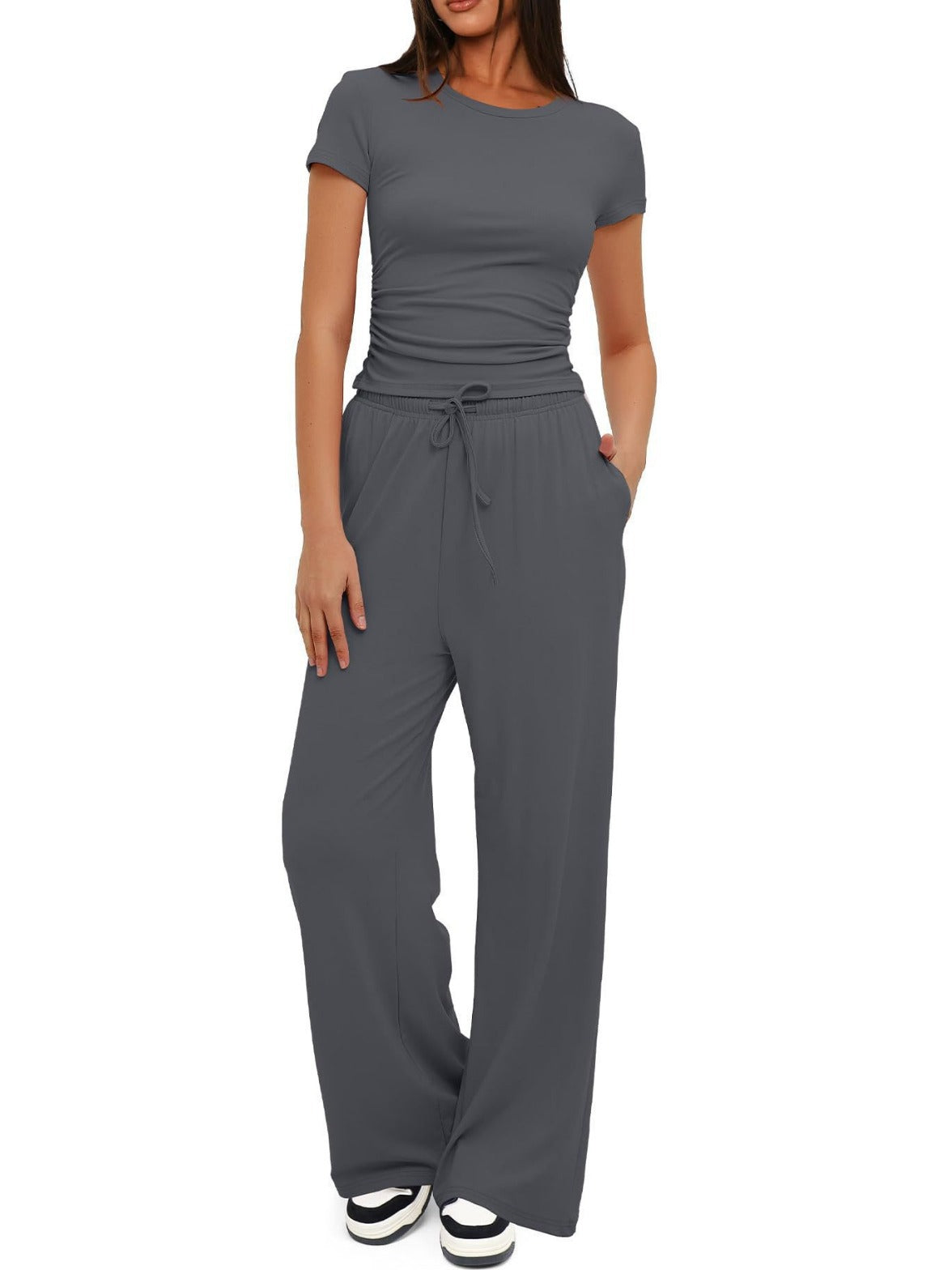 Solid Modal Two-Piece Set with Ruched Top and Wide-Leg Pants