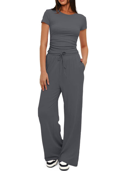 Solid Modal Two-Piece Set with Ruched Top and Wide-Leg Pants