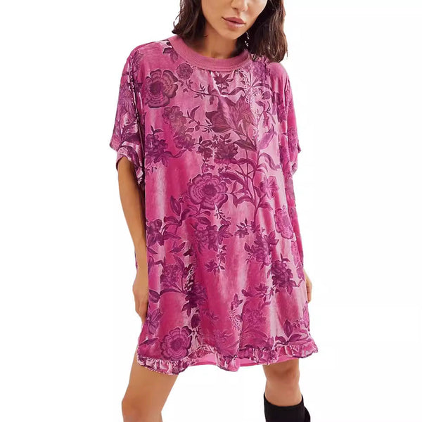 Floral Velvet Mini Dress with Crewneck and Ruffle Hem