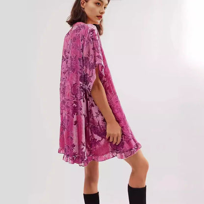 Floral Velvet Mini Dress with Crewneck and Ruffle Hem