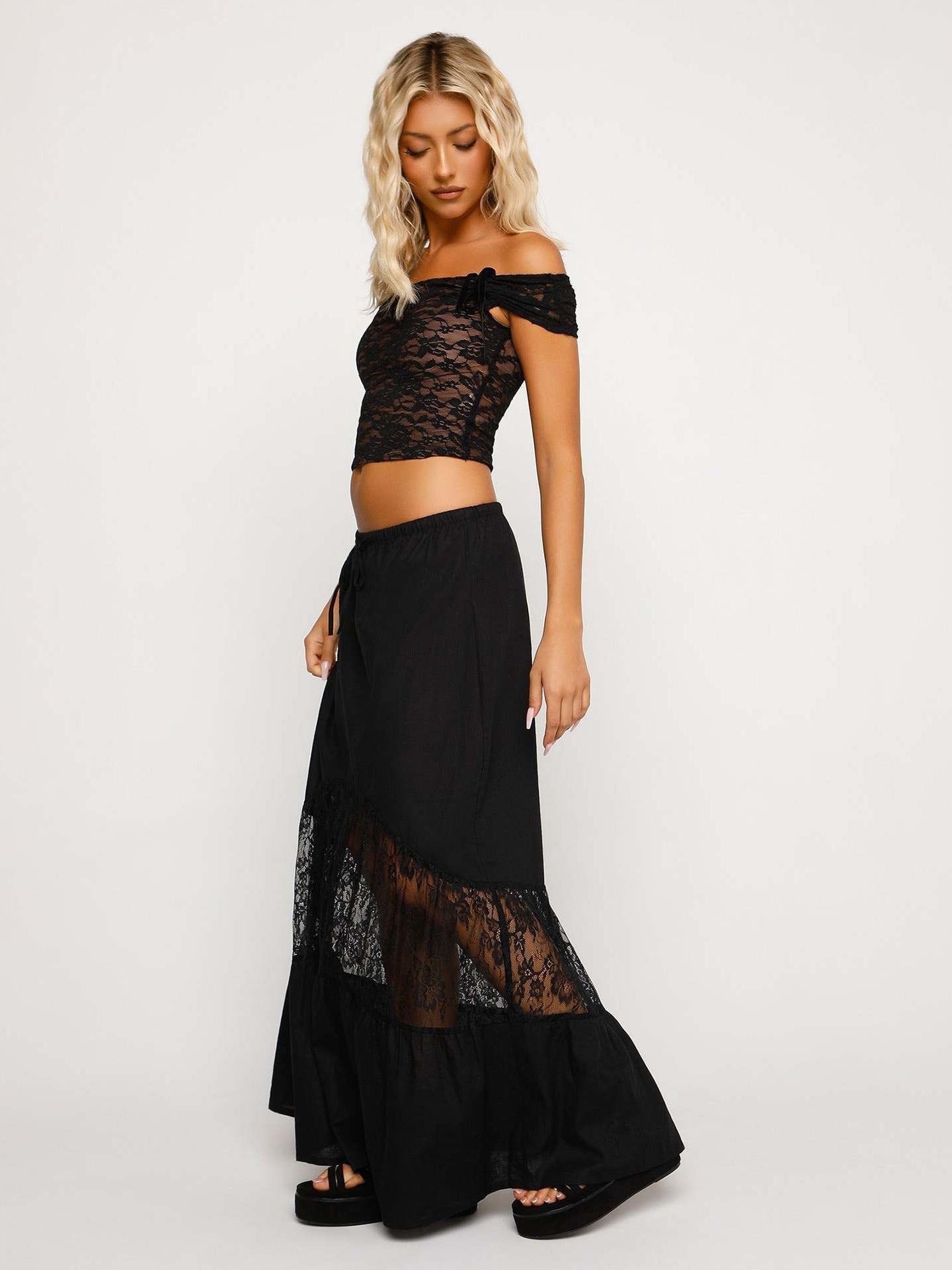 A-Line Maxi Skirt with Sheer Lace Insert and Drawstring