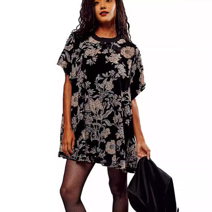 Floral Velvet Mini Dress with Crewneck and Ruffle Hem