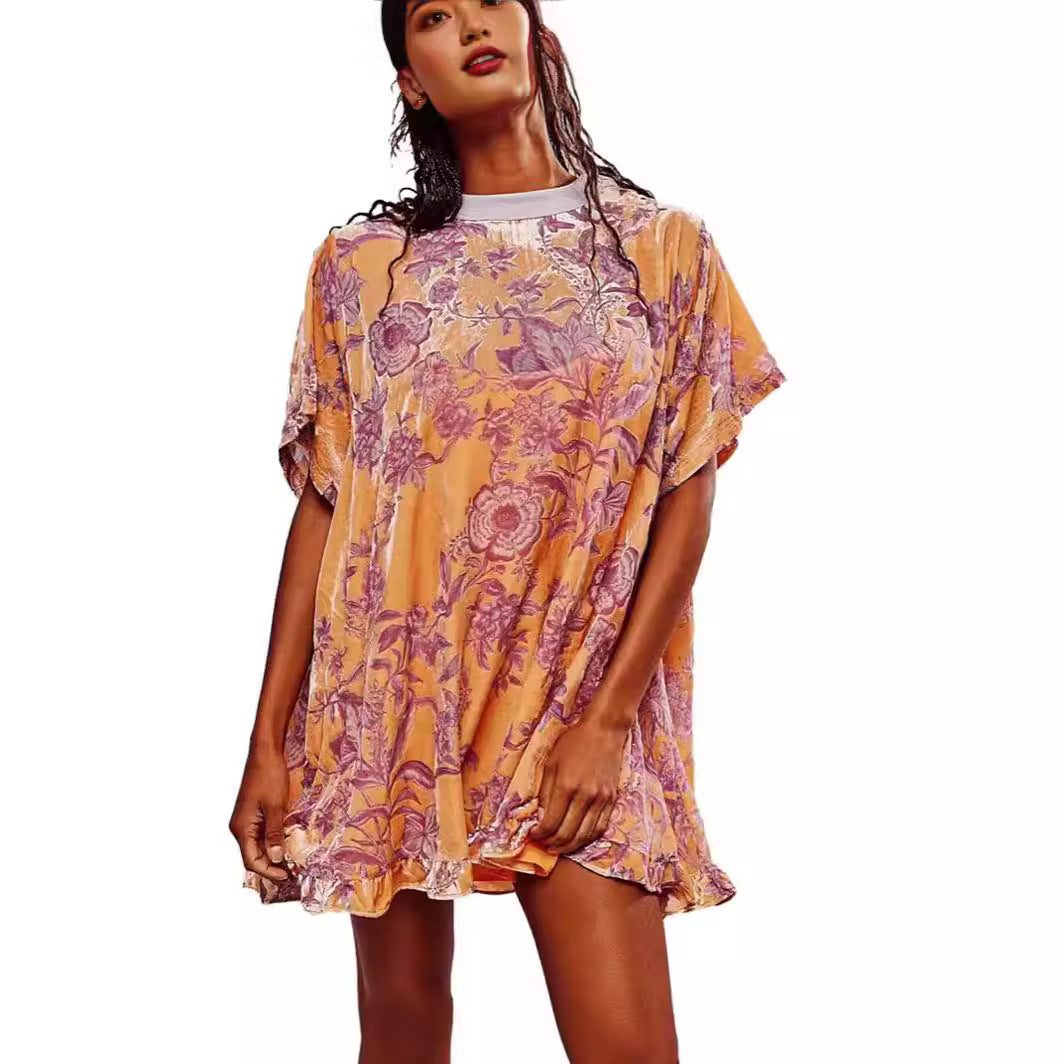 Floral Velvet Mini Dress with Crewneck and Ruffle Hem