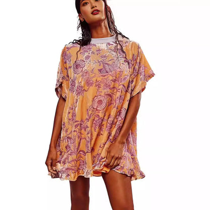 Floral Velvet Mini Dress with Crewneck and Ruffle Hem