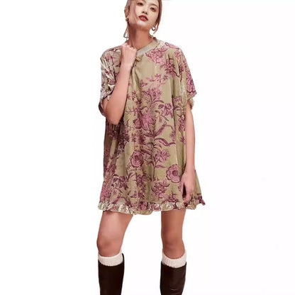 Floral Velvet Mini Dress with Crewneck and Ruffle Hem