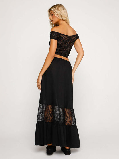 A-Line Maxi Skirt with Sheer Lace Insert and Drawstring