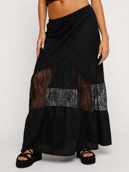 A-Line Maxi Skirt with Sheer Lace Insert and Drawstring